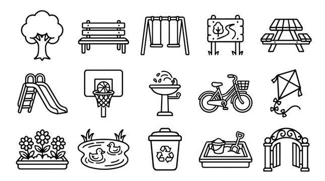 Outline Icons of Park and Playground Elements