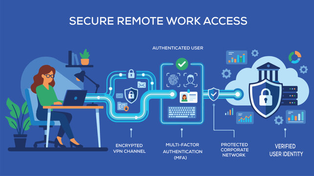 Secure Remote Work Access with 2D Encrypted VPN Channel Multi Factor Authentication and Verified Identity Cloud Vector