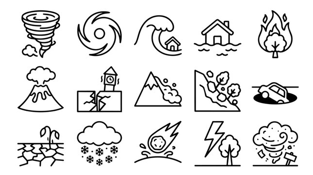 Natural Disasters and Extreme Weather Outline Icons Set