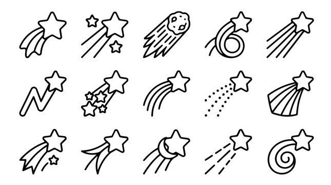 Set of diverse shooting stars and comet line icons