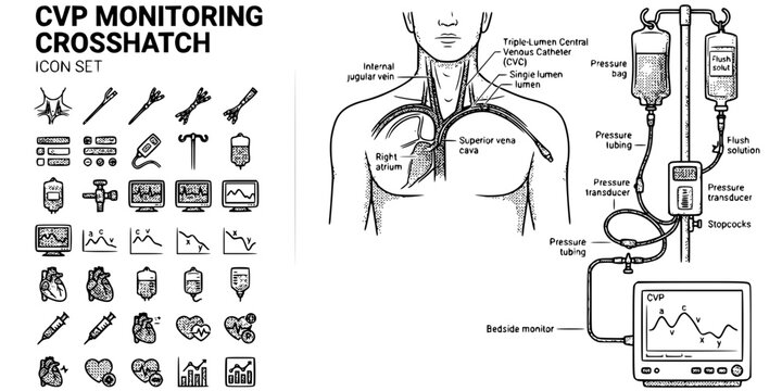 CVP Monitoring Crosshatch Black White-Catheter Transducer Waveform Interpret-Hemodynamic Vector-CVP Icon Crosshatch-ICU Design Set