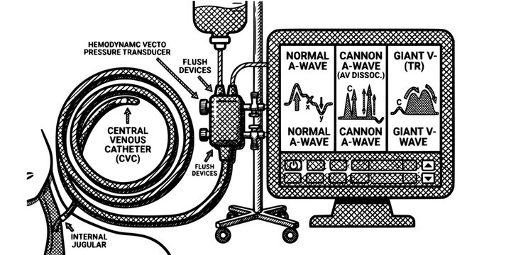 CVP Monitoring Crosshatch Black White-Catheter Transducer Waveform Interpret-Hemodynamic Vector-CVP Icon Crosshatch-ICU Design Set