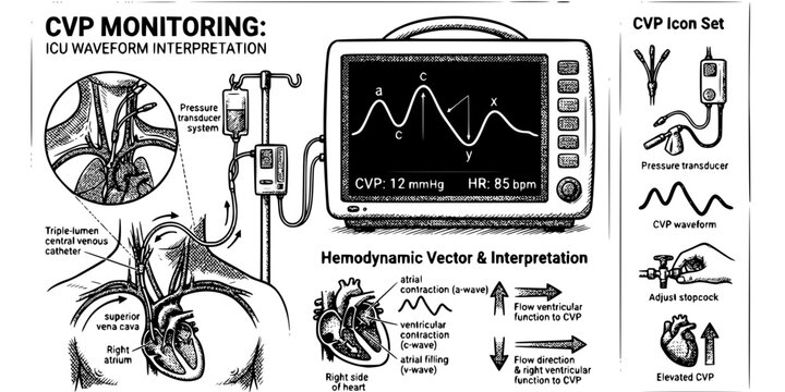 CVP Monitoring Crosshatch Black White-Catheter Transducer Waveform Interpret-Hemodynamic Vector-CVP Icon Crosshatch-ICU Design Set