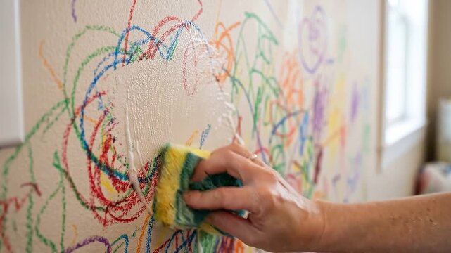 Handheld tracking shot of adult hand scrubbing crayon scribbles off painted interior wall with sponge and soap in bright daytime home hallway