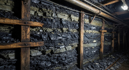 Fototapeta premium A subterranean cavernous passage reveals stratified seams of valuable black carbonaceous rock being extracted with wooden supports and illumination from an overhead fixture within the industrial