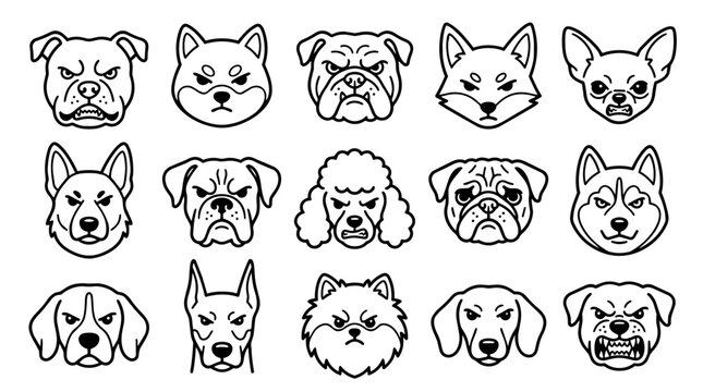 Set of angry and sad dog faces