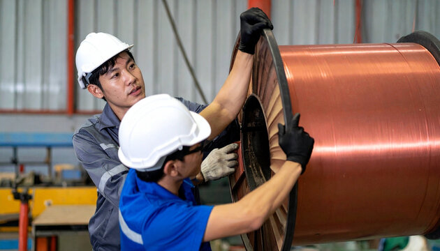 Asian industrial workers moving massive copper cable drum during factory production line