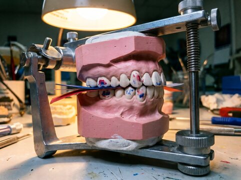 Adjusted metal articulator holding a clamped plaster mold marked with articulating paper for bite registration
