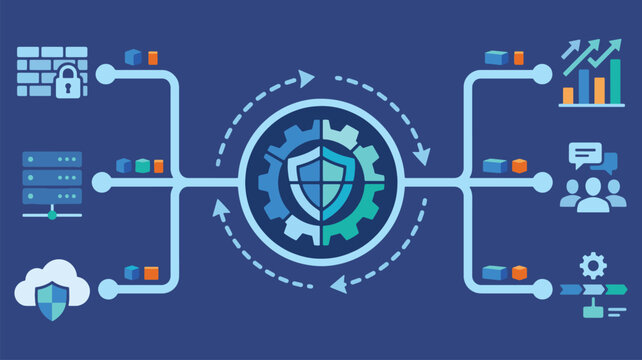 Cyber Security Infrastructure Loop with Shield Gear Automated Data Protection Cloud Server and Workflow Analytics Vector