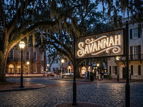 Savannah Neon Sign Historic Downtown Square at Dusk