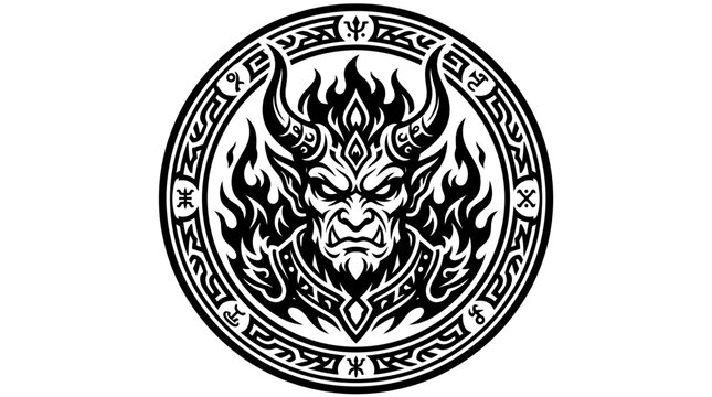 Intricate Demon Head Emblem with Fiery Horns and Tribal Border