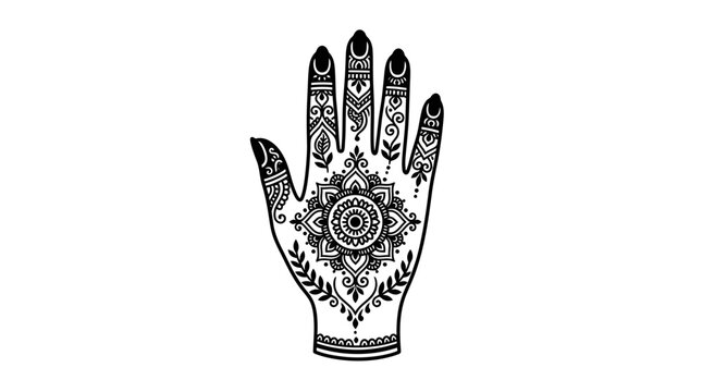 Intricate Henna Tattoo Design on Hand, Mandala Pattern, Black Ink, Isolated