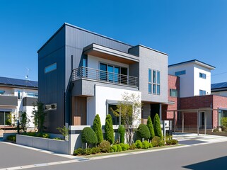Fototapeta premium 青空の下に建つモダンな築一戸建て住宅の美しい外観