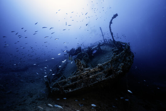 View of scuba divers exploring a historic shipwreck surrounded by a school of small fish in the deep blue Adriatic Sea Komiza, Split-Dalmatia County, Croatia.