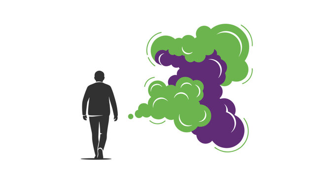 Man walking away releasing purple and green gas clouds representing bad smell or odor