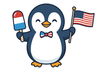 Fototapeta premium Happy penguin holding popsicle and American flag for patriotic celebration.