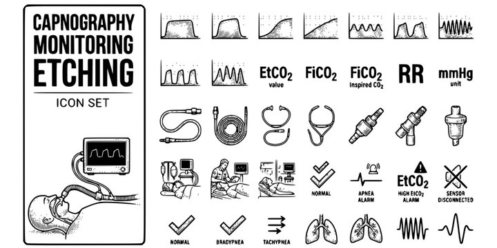 Capnography CO2 Monitoring Etching Black White-CO2 Wave Sample Line Pattern-Airway Vector-Capno Icon Etching-ICU Design Set