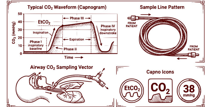 Capnography CO2 Monitoring Etching Black White-CO2 Wave Sample Line Pattern-Airway Vector-Capno Icon Etching-ICU Design Set