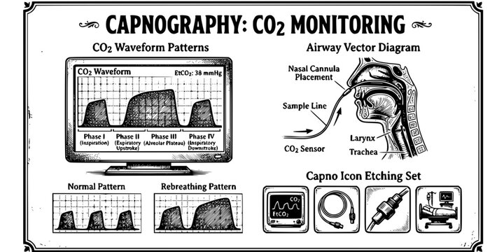 Capnography CO2 Monitoring Etching Black White-CO2 Wave Sample Line Pattern-Airway Vector-Capno Icon Etching-ICU Design Set