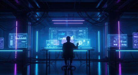 Fototapeta premium Futuristic digital workspace with holographic and programmer silhouette futuristic workspace