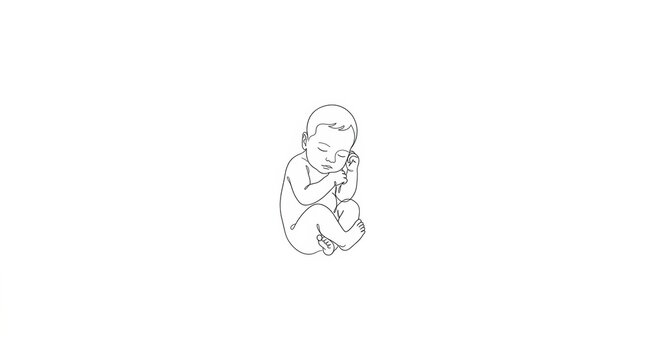 A newborn is curled in a fetal position and sleeping during their first month of life in a plain setting with soft lines.