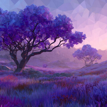 Abstract low poly landscape with purple trees and soft pastel atmosphere