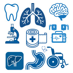 Obraz premium Medical Icons Collection Flat Blue Silhouette Against Black Background