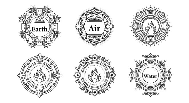 Set of six mystical elemental symbols for earth, air, fire, water, and aether or spirit, illustrated in a vintage style.