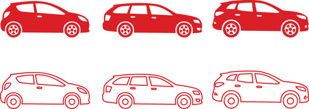 Set of various red cars and car outlines including hatchback, station wagon, and SUV on a transparent background.
