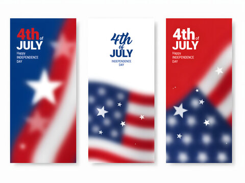Three vertical banners with blurred american flag and "4th of isolated on transparent background png