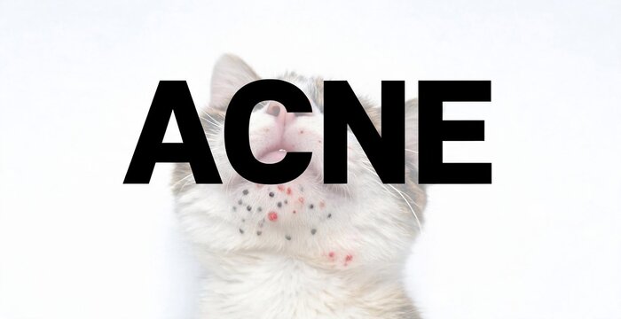 Acne problem on face, skin blemish and breakout illustration on white background. Close-up portrait of a kitten with skin condition.