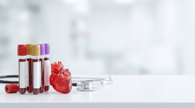 Blood sample tubes beside anatomical heart model and stethoscope on clinic desk, concept of cardiology diagnostics, cardiovascular screening and laboratory blood testing.