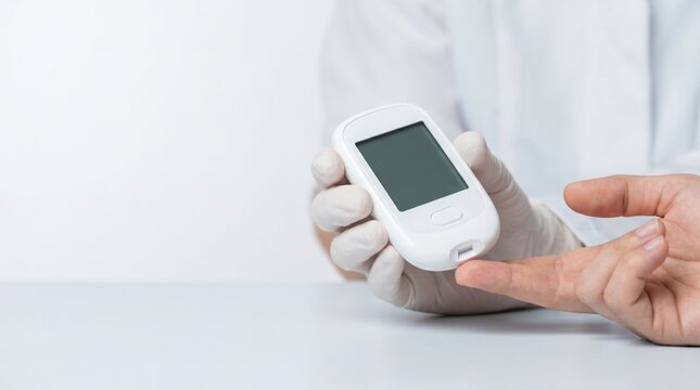Clinician checking patient&rsquo;s blood glucose with glucometer during finger prick test, concept of diabetes screening, glucose monitoring and preventive healthcare.