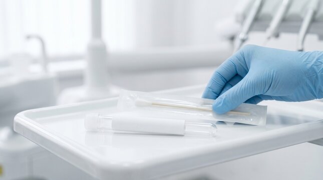 Clinician holding sterile swab package beside specimen collection tube on medical tray, concept of laboratory diagnostics, microbiology testing and clinical sample collection.