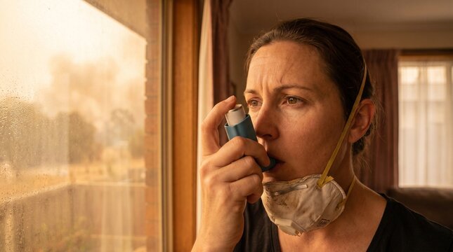 Wildfire Smoke Respiratory Care Woman Using Asthma Inhaler Indoors During Poor Air Quality Emergency