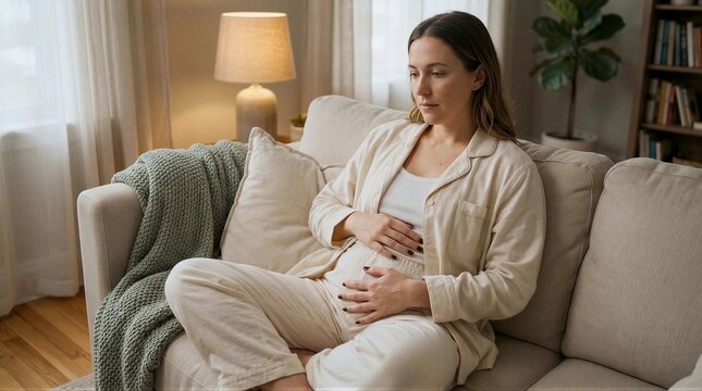 Expectant mother cradles her belly while sitting on a cozy sofa at home