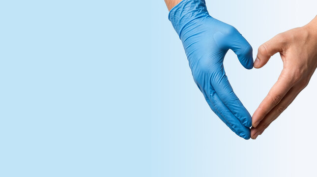 Bare hand and blue gloved hand forming a heart shape on blue background