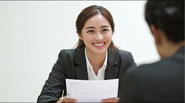Smiling asian woman holding a resume during a successful job interview on a white background