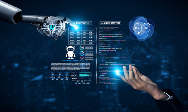 Futuristic AI Assistant Interface with Robotic Hand Interacting and Displaying Data and Code in a High-Tech Environment Fluxor.