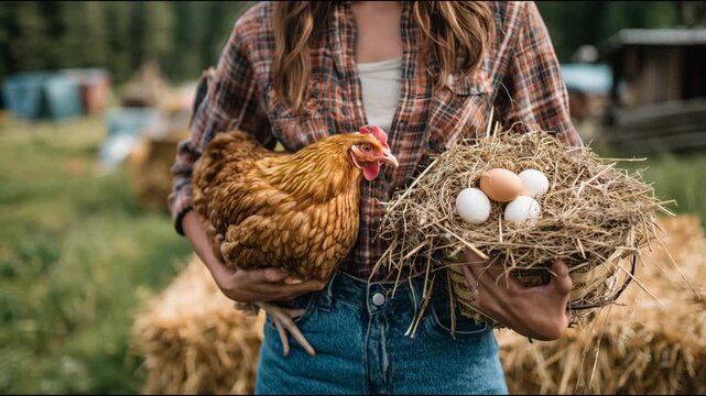 Farmer woman holding a hen and a basket with a nest full of fresh organic eggs in a poultry farm