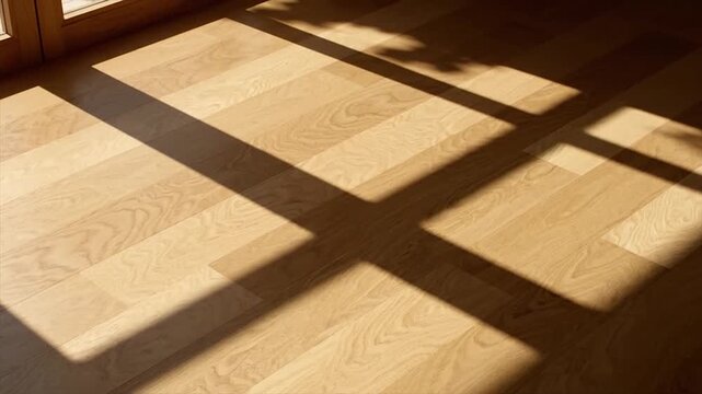 Wooden floorboards arranged in a herringbone pattern cast long shadows from natural light creating a warm geometric texture.