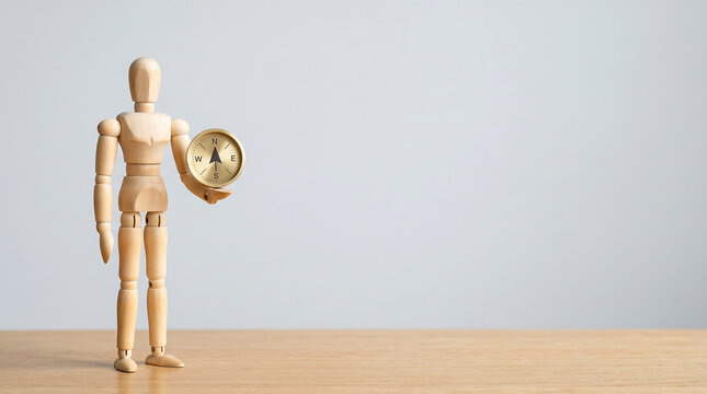 Mid-year performance review and time management concept with wooden mannequin holding clock for business evaluation presentation slide with copy space