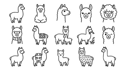 Fototapeta premium Adorable cartoon alpaca outline icon set