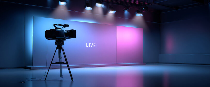 Professional video camera set up in a modern studio with blue and pink lighting and live broadcast text on the wall