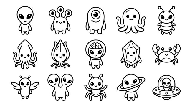 Cute cartoon aliens and space creatures doodle collection