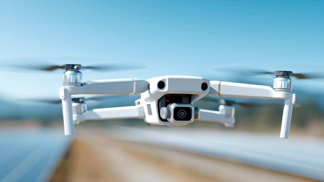 Aerial drone equipped with a high-resolution camera hovering in flight above solar panels