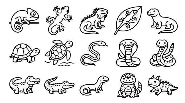 Set of cute outline icons of various reptiles and amphibians