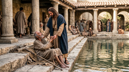 Naklejka premium Jesus speaking with a sick man beside a pool of Bethesda.