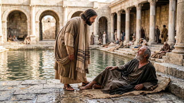 Jesus speaking with a sick man beside a pool of Bethesda.