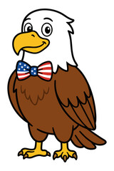 Cute cartoon bald eagle wearing patriotic american flag bow tie.